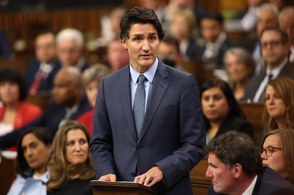 Prime Minister Justin Trudeau makes a statement on Israel and Gaza in the House of Commons on Parliament Hill in Ottawa, Monday, Oct. 16, 2023. 