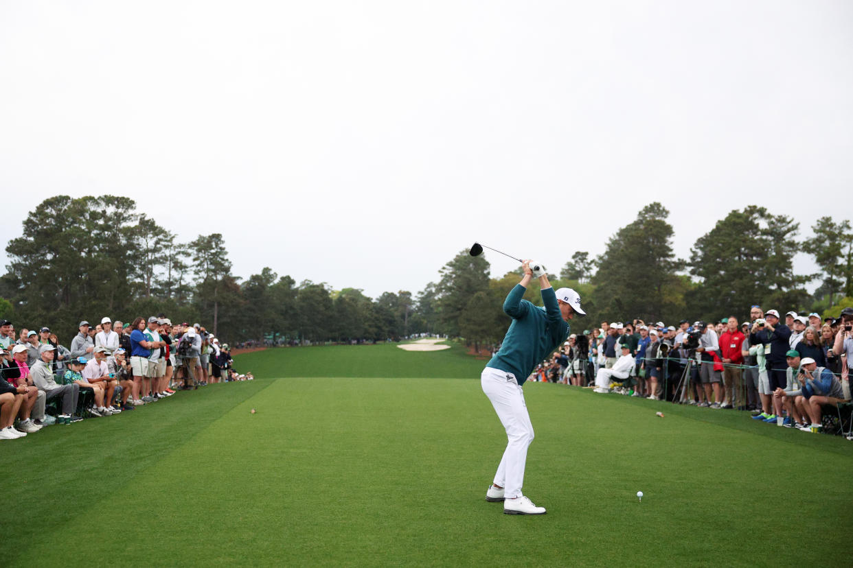 AUGUSTA, GEORGIA - APRIL 09: Justin Thomas of the United States plays his shot from the first tee during a practice round prior to the 2024 Masters Tournament at Augusta National Golf Club on April 09, 2024 in Augusta, Georgia. (Photo by Warren Little/Getty Images)