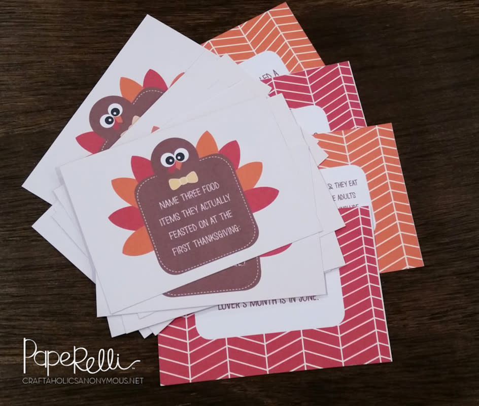 <p>Craftaholics Anonymous</p><p>If you have a large family, you’ll be glad you have this trivia game by <a href="https://www.craftaholicsanonymous.net/thanksgiving-table-craft" rel="nofollow noopener" target="_blank" data-ylk="slk:Craftaholics Anonymous;elm:context_link;itc:0;sec:content-canvas" class="link "><em>Craftaholics Anonymous</em></a> on hand! It’ll provide endless fun for everyone.</p>