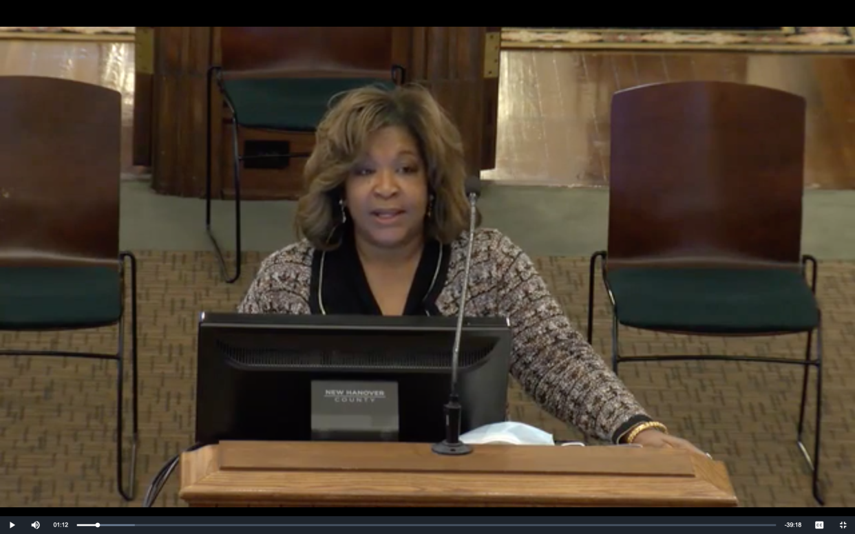 Linda Thompson, chief diversity and equity officer, presents a 120-day assessment to the New Hanover County Board of Commissioners. The assessment found Black and Hispanic people are more likely to be poor in the county