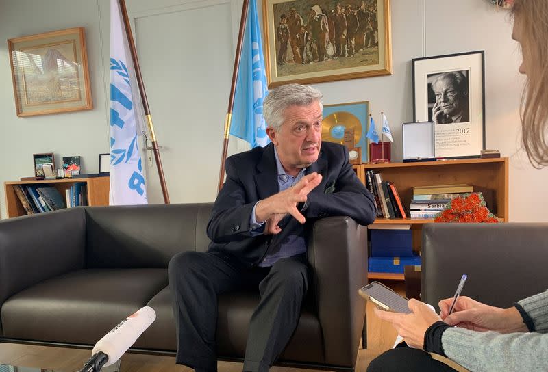 Grandi, UN High Commissioner for Refugees, attends interview with Reuters ahead of Refugee Forum, in Geneva