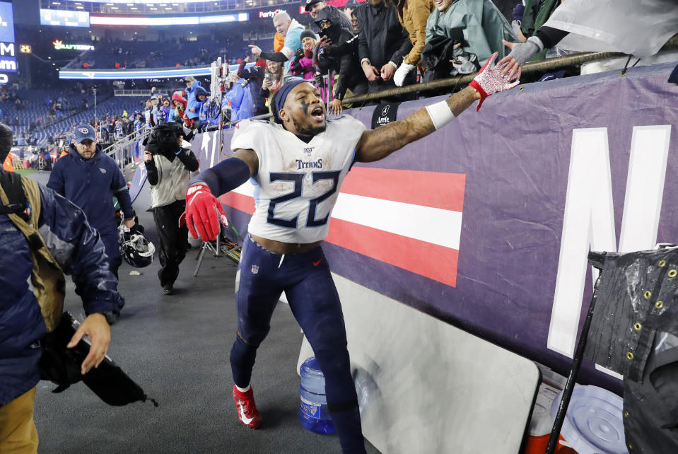 FOXBOROUGH, MA - JANUARY 04: Tennessee Titans running back Derrick Henry (22) thanks the fans after an AFC Wild Card game between the New England Patriots and the Tennessee Titans on January 4, 2020, at Gillette Stadium in Foxborough, Massachusetts. (Photo by Fred Kfoury III/Icon Sportswire via Getty Images)