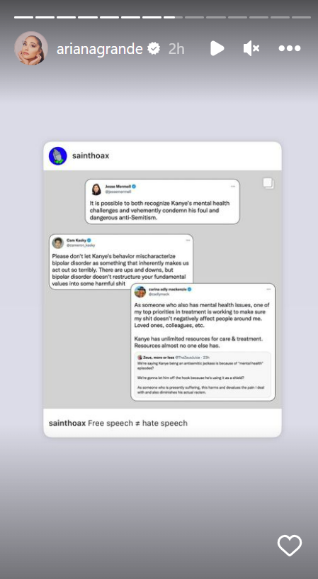 Ariana Grande reshared a series of posts about the recent fallout from Kanye West’s remarks on Twitter and Instagram, all of which seemed to show her support for condemning the rapper’s comments (Instagram/Ariana Grande)