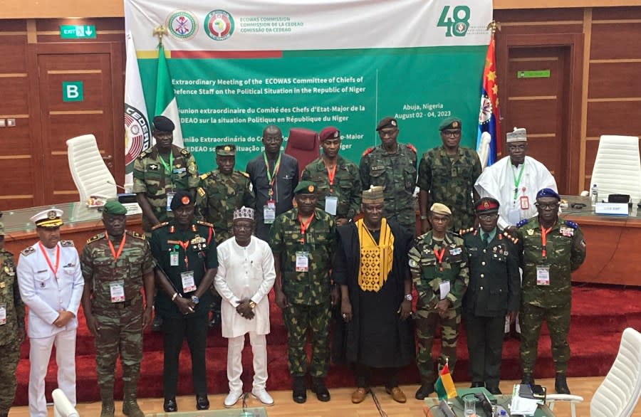 The defense chiefs from the Economic Community of West African States (ECOWAS) countries excluding Mali, Burkina Faso, Chad, Guinea and Niger, pose for a group photo during their extraordinary meeting in Abuja, Nigeria, on Aug. 4, 2023, to discuss the situation in Niger. (AP Photo/Chinedu Asadu)