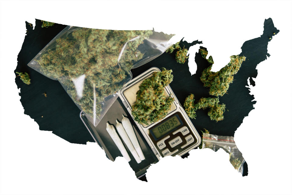 A black silhouette of the U.S., partially filled in with baggies of dried cannabis, rolled joints, and a scale.