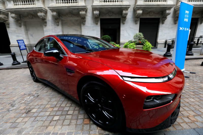 FILE PHOTO: An Xpeng P7 performance electric vehicle is seen outside the New York Stock Exchange