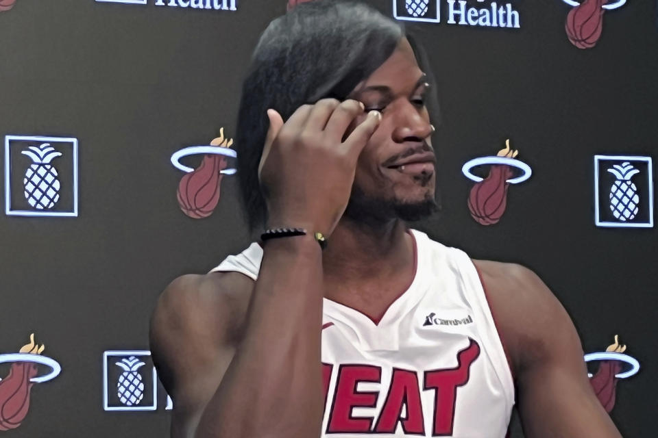 Miami Heat NBA basketball player Jimmy Butler attends the team's Media Day in Miami Monday, Oct. 2, 2023. (AP Photo/Tim Reynolds)