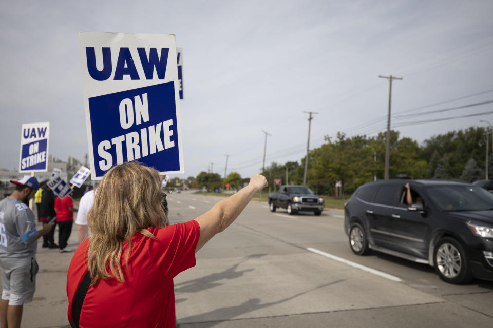 United Auto Workers members strike at the Ford Michigan Assembly Plant on September 16, 2023 in Wayne, Michigan. 