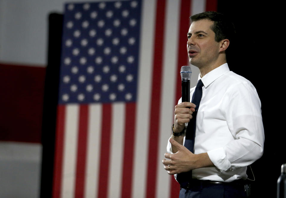 Democratic presidential candidate South Bend, Ind. Mayor Pete Buttigieg speaks during a campaign stop at Maquoketa Middle School in Maquoketa, Iowa, Monday, Dec. 30, 2019. (Eileen Meslar/Telegraph Herald via AP)