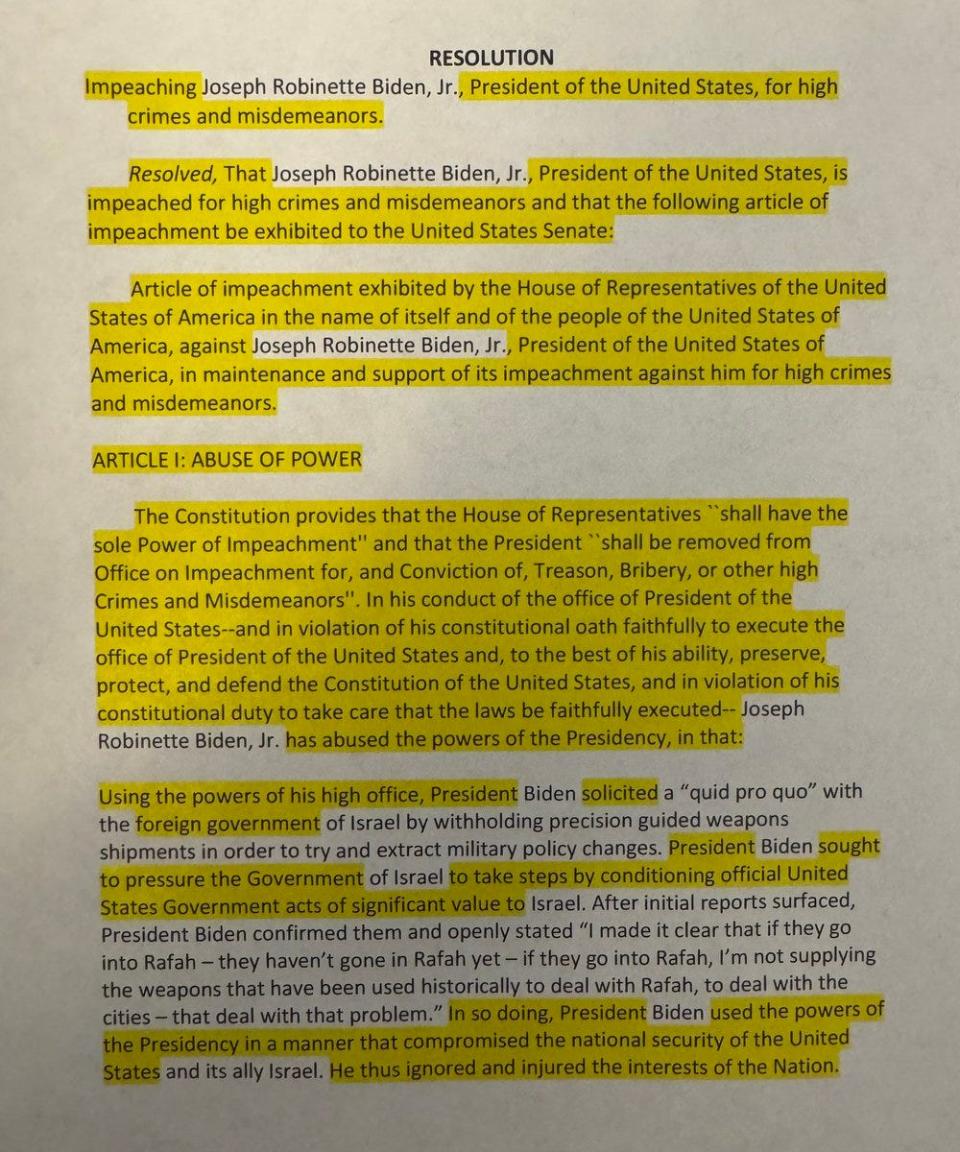 Congressman Cory Mills, R-New Smyrna Beach, posted this photo on X, showing how much of the language of the 2019 impeachment articles against then-President Donald Trump was included in his impeachment article, filed Monday against President Joe Biden.