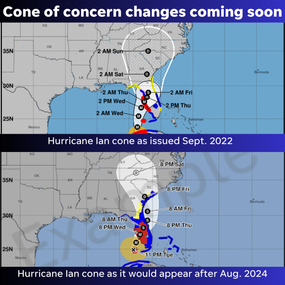 A comparison of the cone used for Hurricane Ian in 2022 and what the cone would look like once the National Hurricane Center implements changes to the cone of concern around Aug. 15, 2024.