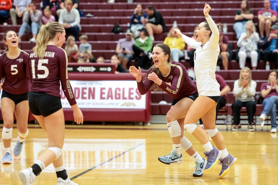 Maple Mountain celebrates a point over Timpview in a high school volleyball match in Spanish Fork on Tuesday, Sept. 19, 2023.