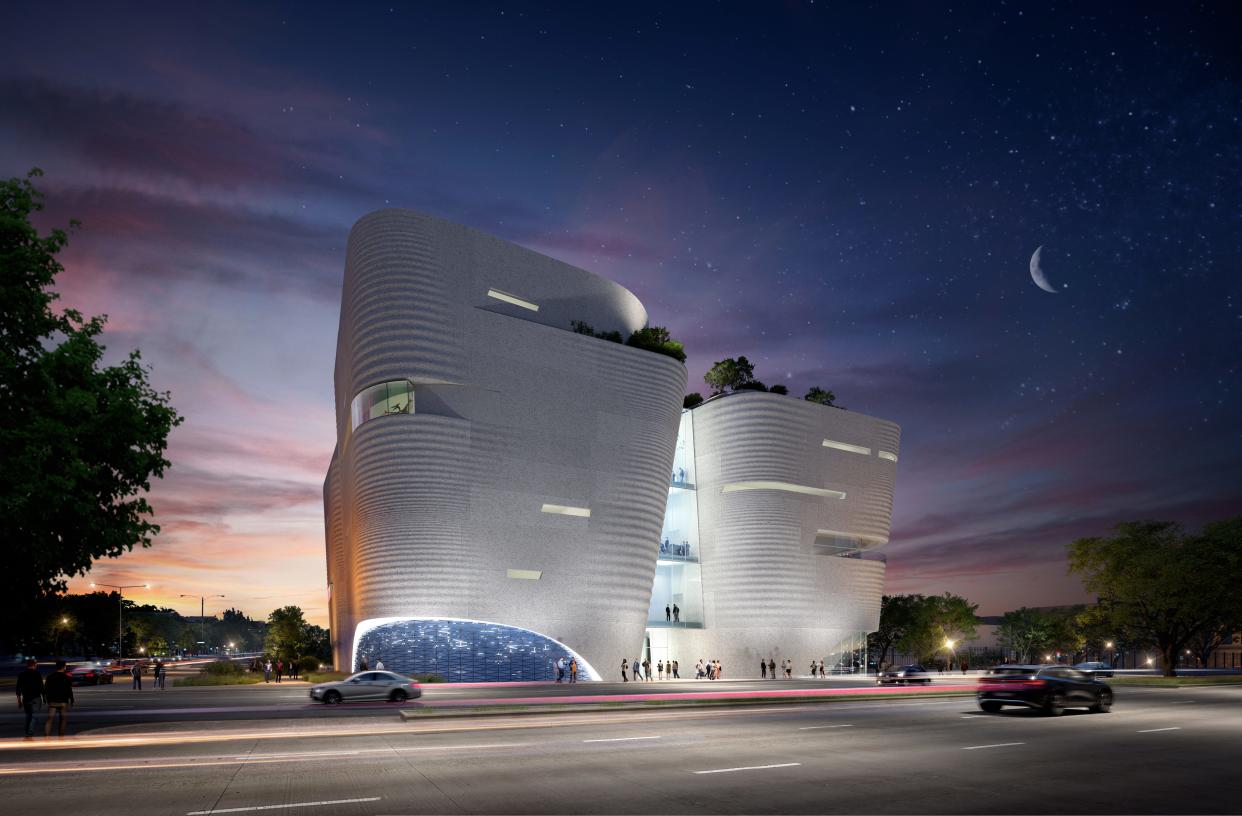 Night view of Milwaukee Public Museum's new downtown building.