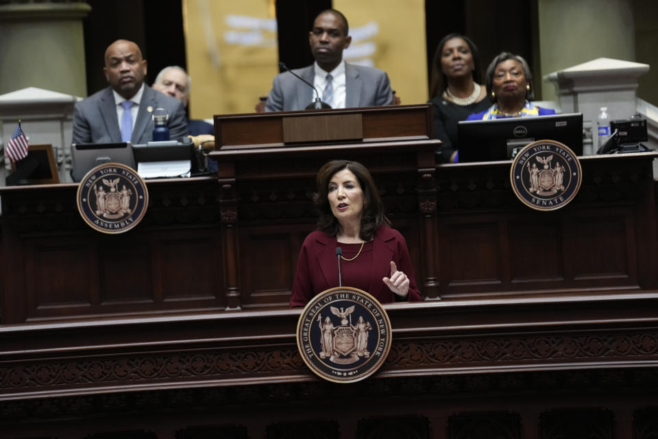 New York Governor Kathy Hochul speaks during the State of the State address in Albany, N.Y., Tuesday, Jan. 9, 2024. The Democrat outlined her agenda for the ongoing legislative session, focusing on crime, housing and education policies. (AP Photo/Seth Wenig)