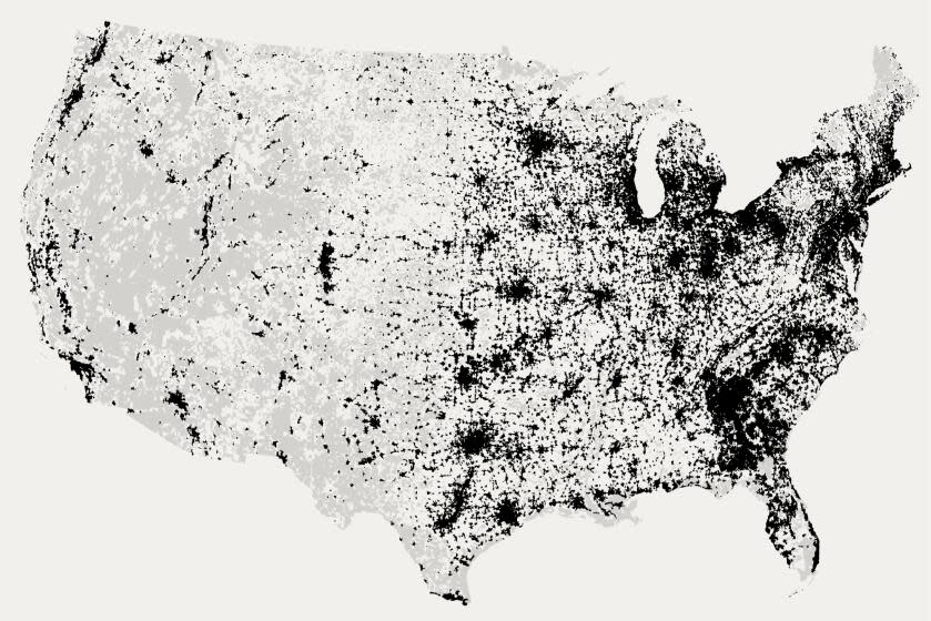 Black regions show where it is possible to drive to a gun dealer in 10 minutes or less <span class="copyright">(Gabrielle LaMarr LeMee / Los Angeles Times)</span>