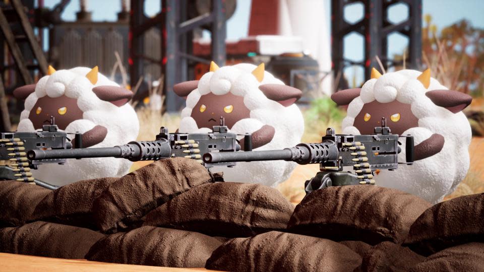 Sheep-like creatures in the game Palworld hold machine guns as they hide behind sandbags. Outdoor setting.
