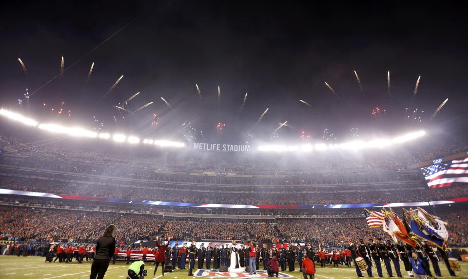 Soprano Renee Fleming sings the U.S. National Anthem prior to the NFL Super Bowl XLVIII football game between the Denver Broncos and the Seattle Seahawks in East Rutherford