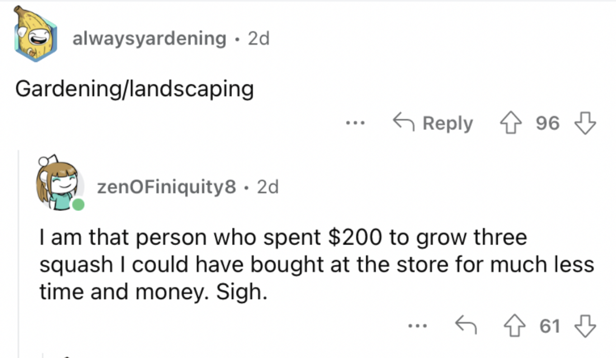 Reddit screenshot about someone who has a gardening hobby.