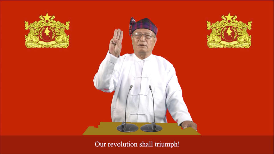 This image made from video by National Unity Government (NUG) via Facebook, shows Duwa Lashi La, the acting president of the National Unity Government (NUG), posted on Tuesday, Sept. 7, 2021 in Myanmar. Myanmar’s NUG, an underground body coordinating resistance to the military regime, on Tuesday called for a nationwide uprising. The shadow government's acting president Duwa Lashi La called for revolt “in every village, town and city in the entire country at the same time” against the military-installed government and declared a so-called ”state of emergency." (National Unity Government via Facebook via AP)