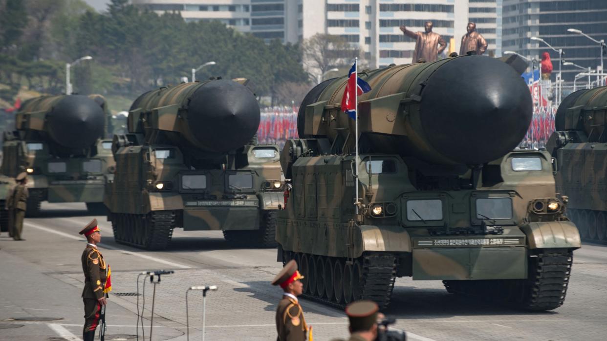  An unidentified rocket is displayed during a military parade marking the 105th anniversary of the birth of late North Korean leader Kim Il-Sung in Pyongyang on April 15, 2017. 