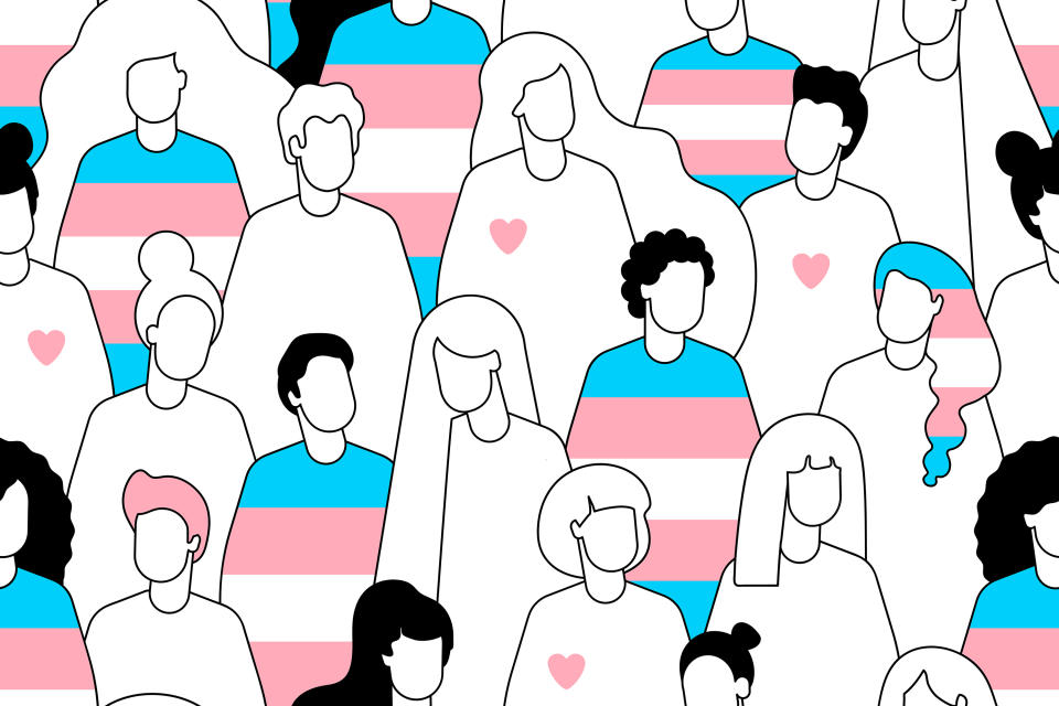 transgender crowd of people seamless pattern. International Transgender Day,31 March. Different people marching on the pride parade. Human rights.transgender person.transgender pride flag. transgender Pride month concept.Online Dating.