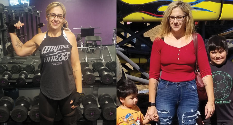 Hernandez, who lost 159 pounds, exercising at the gym (left) and with her kids (right). (Photo: Misty Hernandez)