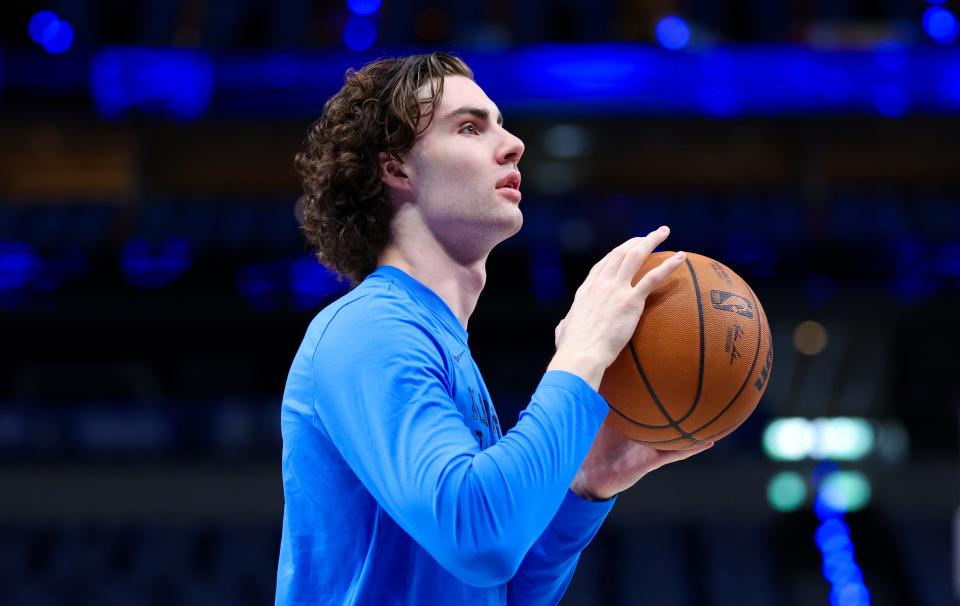 May 11, 2024; Dallas, Texas, USA; Oklahoma City Thunder guard Josh Giddey (3) warms up before game three of the second round for the 2024 NBA playoffs against the Dallas Mavericks at American Airlines Center.
