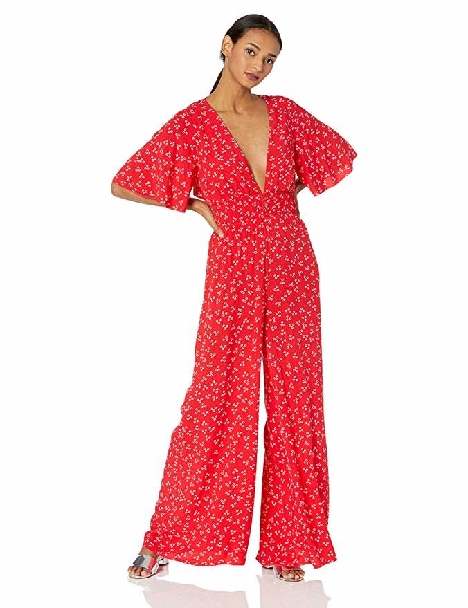 FindersKeepers Women's Frida Short-Sleeve Plunging Wide-Leg Casual Jumpsuit