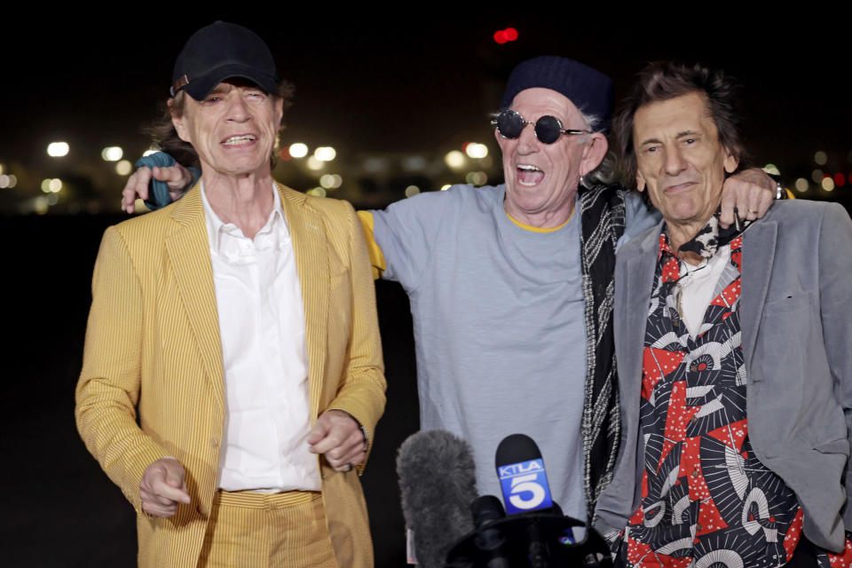 BURBANK, CALIFORNIA - OCTOBER 11: (L-R) Mick Jagger, Keith Richards, and Ronnie Wood of The Rolling Stones touch down at Hollywood Burbank Airport on October 11, 2021 ahead of their shows at SoFi Stadium on October 14, 2021 and October 17, 2021 for their NO FILTER Tour. (Photo by Frazer Harrison/Getty Images)