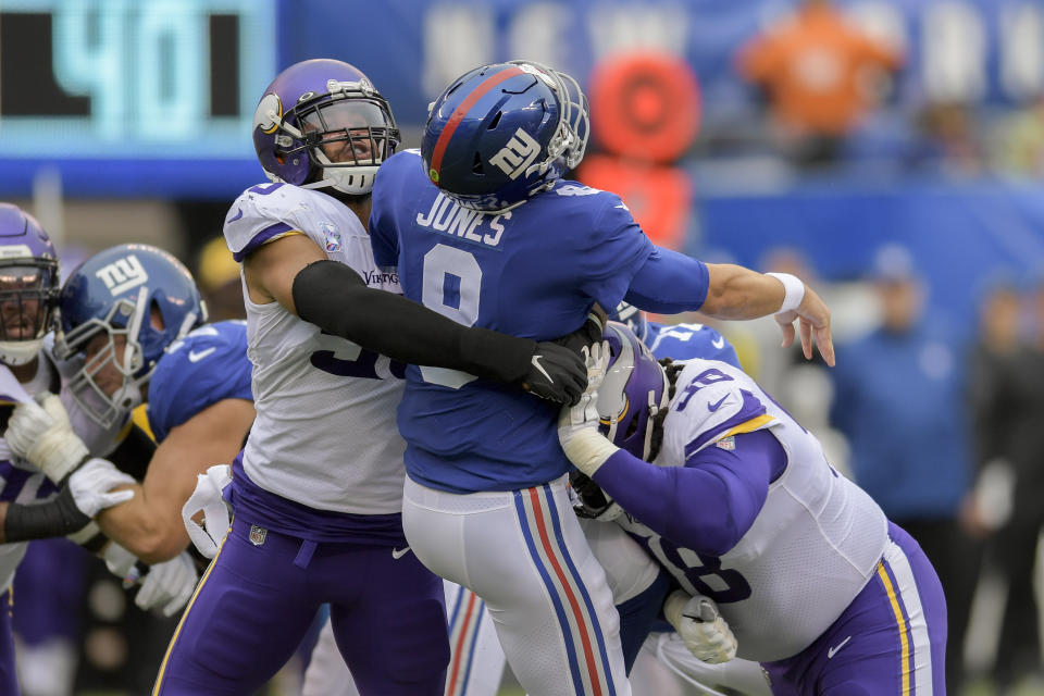 New York Giants quarterback Daniel Jones (8) is sacked by the Minnesota Vikings during the first quarter of an NFL football game, Sunday, Oct. 6, 2019, in East Rutherford, N.J. (AP Photo/Bill Kostroun)