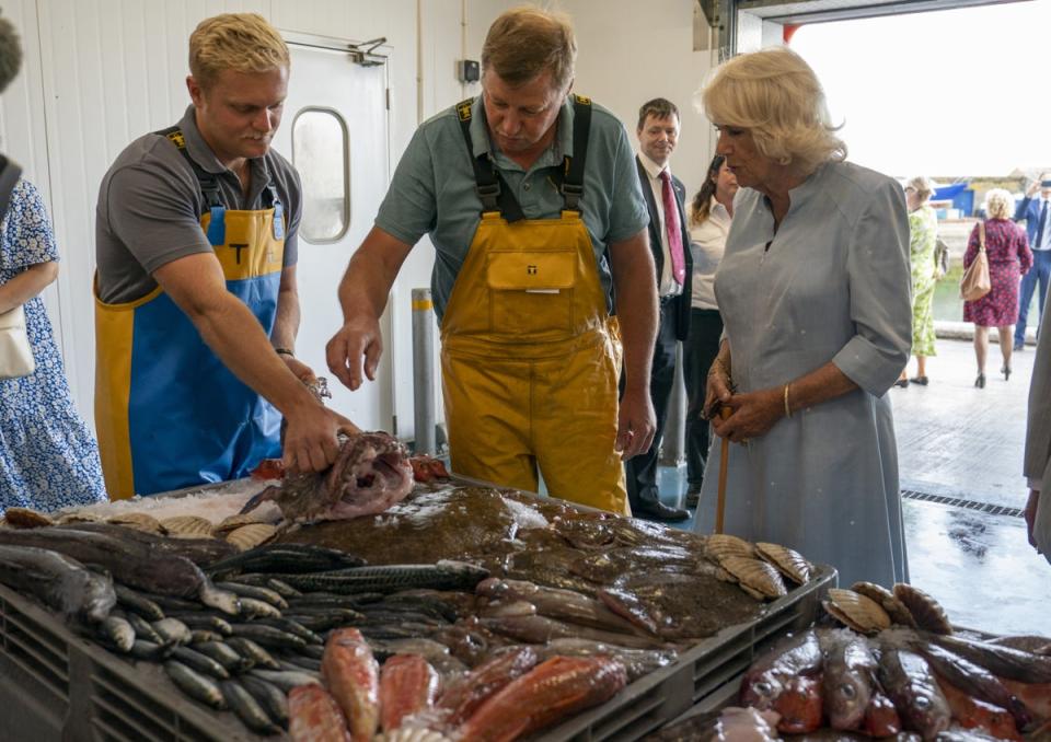 The Duchess of Cornwall talks to fishmongers (Arthur Edwards/The Sun/PA) (PA Wire)