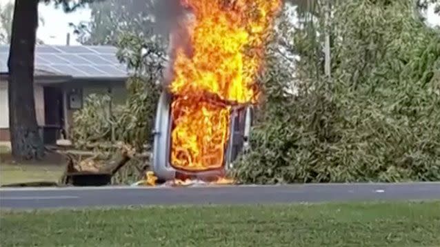 A car carrying three people, including two children, burst into flames after it crashed in Perth's south. Source: 7 News