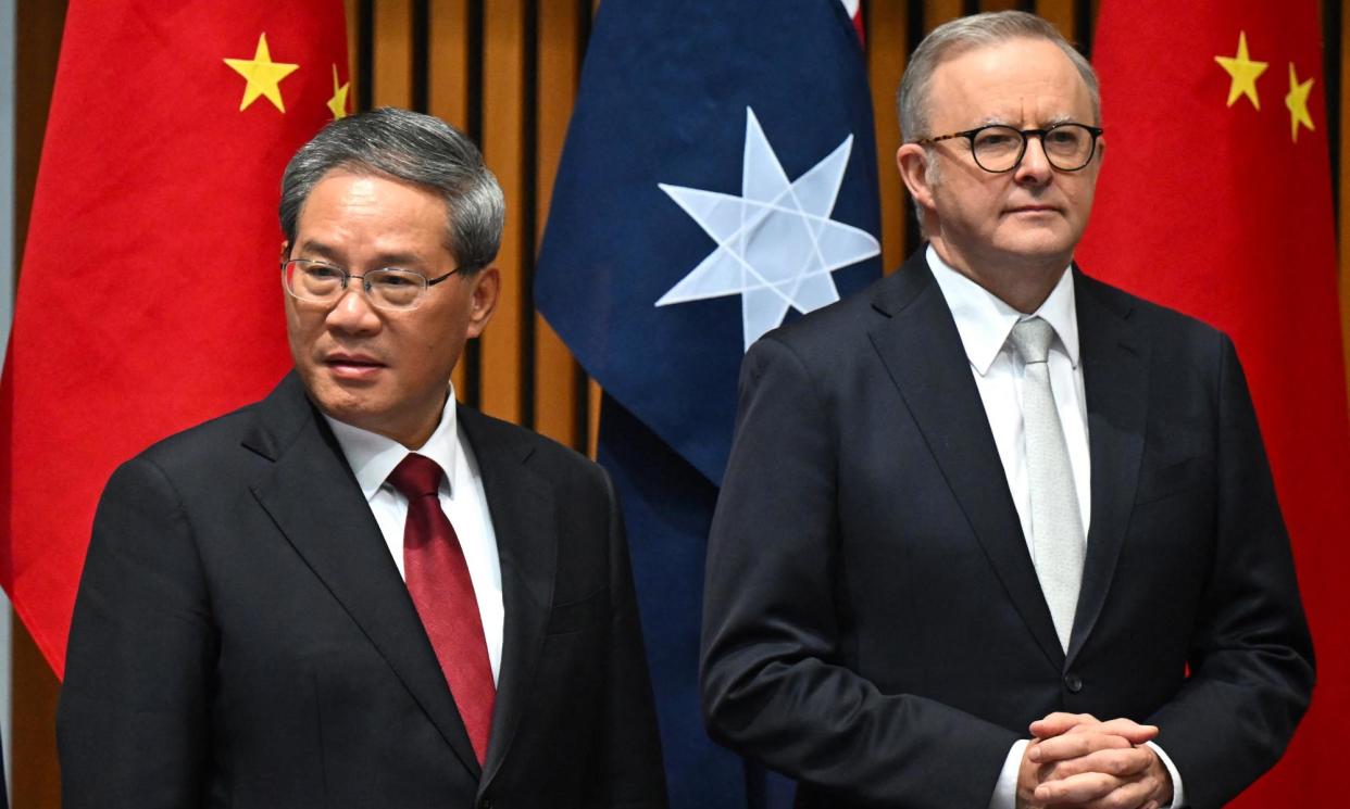 <span>Li Qiang’s visit signals a warming relationship with Australia but Monday’s ceremonies were possibly overshadowed by Chinese officials’ reactions to journalist Cheng Lei.</span><span>Photograph: Lukas Coch/AFP/Getty Images</span>