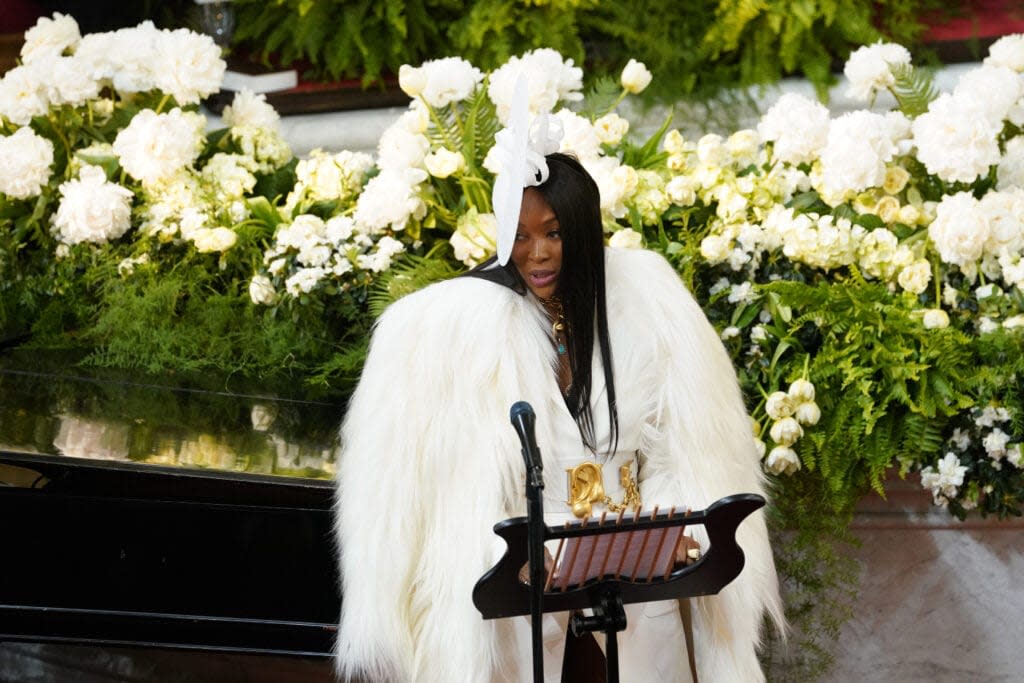 Naomi Campbell speaks onstage at the André Leon Talley Celebration of Life at The Abyssinian Baptist Church on April 29, 2022 in New York City. (Photo by Bennett Raglin/Getty Images for the Estate of André Leon Talley)