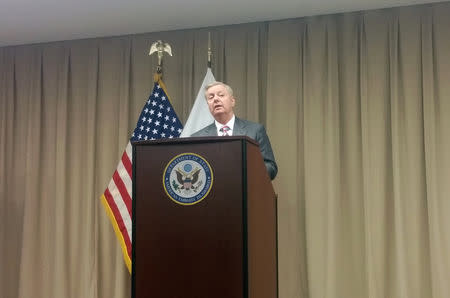 FILE PHOTO: U.S. Senator Lindsey Graham speaks during a news conference in Islamabad, Pakistan January 20, 2019. REUTERS/Stringer