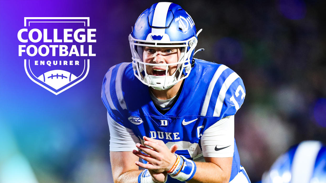 Duke quarterback Riley Leonard awaits a snap vs Notre Dame
(Photo by David Jensen/Icon Sportswire via Getty Images)