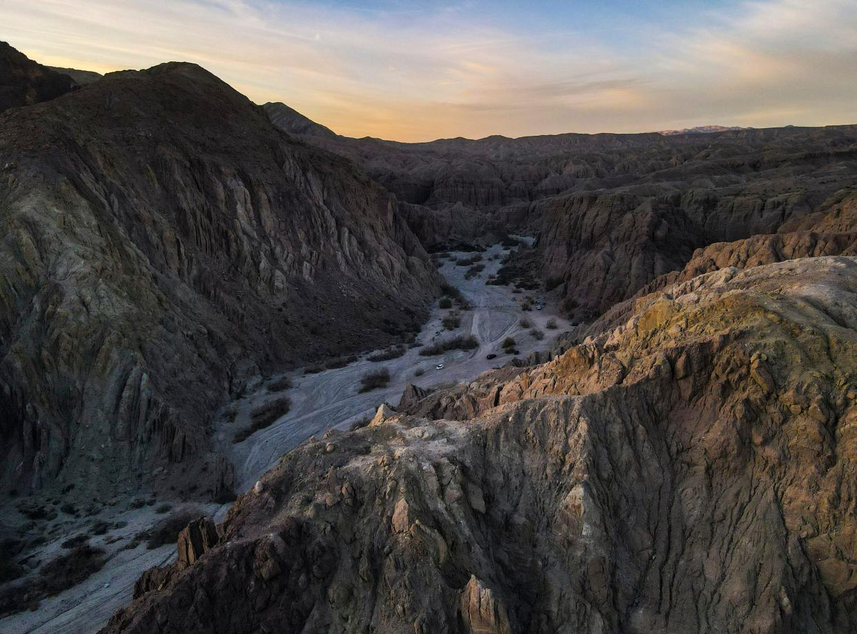 The end of Painted Canyon Road is seen in Mecca, Calif., Wednesday, Dec. 28, 2022. The area is proposed to be named a new national monument, temporarily being called the Chuckwalla National Monument, by a coalition of environmental and conservation groups. The area also marks the trailheads for the popular Painted Canyon and Ladder Canyon hiking trails. 