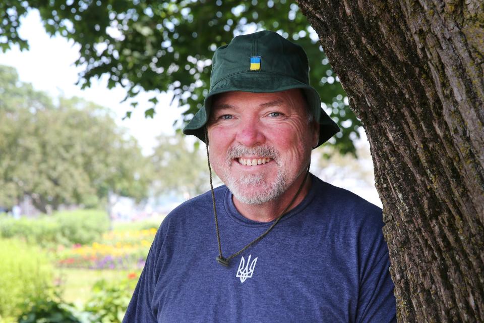 Robert Addie, a Portsmouth resident, is seen in Prescott Park Friday, June 30, 2023, days after returning from Ukraine, where he was volunteering for humanitarian efforts in Kherson and other locations.