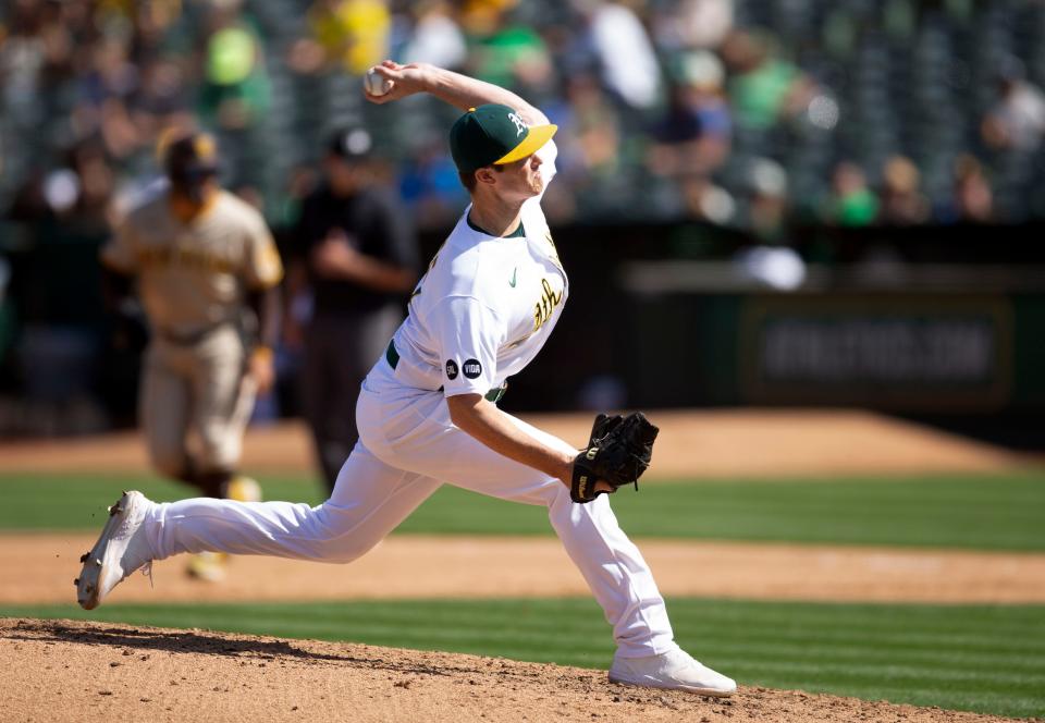 Oakland Athletics pitcher Easton Lucas delivers in the fifth inning in a game against the San Diego Padres at Oakland-Alameda County Coliseum. The Grace Brethren High graduate made his major league debut for the A's in September 2023.