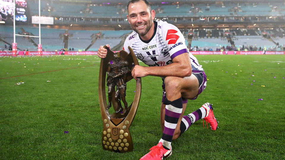 Cameron Smith of the Storm poses with the premiership trophy after winning the 2020 NRL Grand Final against Penrith. (Photo by Cameron Spencer/Getty Images)