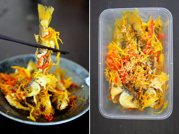 The draw of this 'acar hu' is the use of 'ikan belanak' or mullet (left). For RM35, you get around 300 grams of fish pickled with ginger, chillies, turmeric and garlic (right)