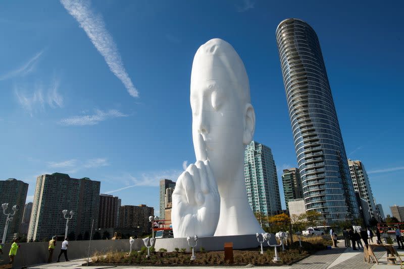 The statue "Water's Soul" by the artist Jaume Plensa is seen in Jersey City, New Jersey