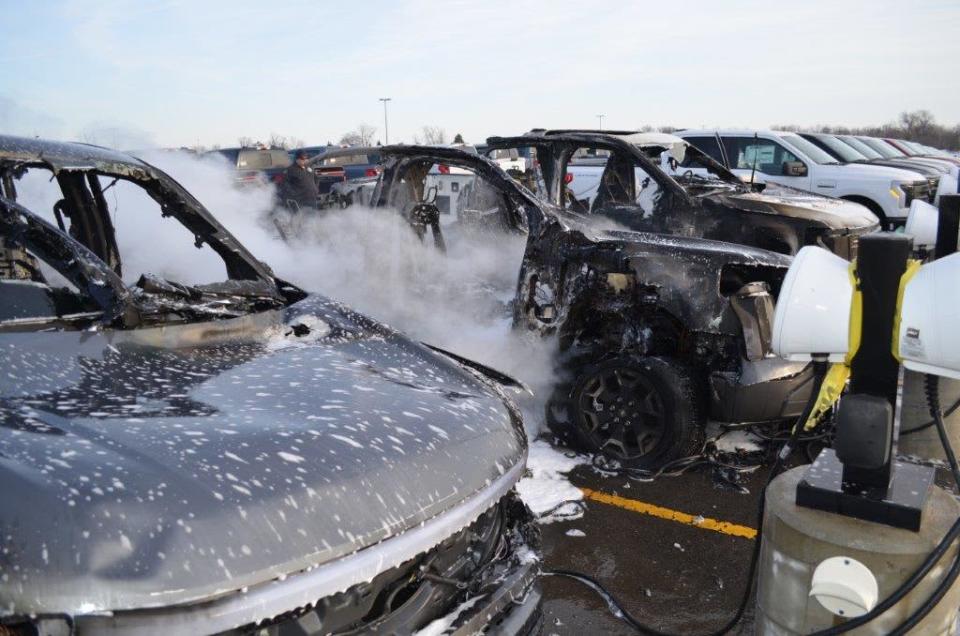 An electric Ford F-150 Lightning caught fire on Feb. 4 because of a battery issue traced back to one of the automaker’s suppliers. The blaze spread to three electric pickups in a Ford holding lot in Dearborn, Mich. (Dearborn Police Dept.)