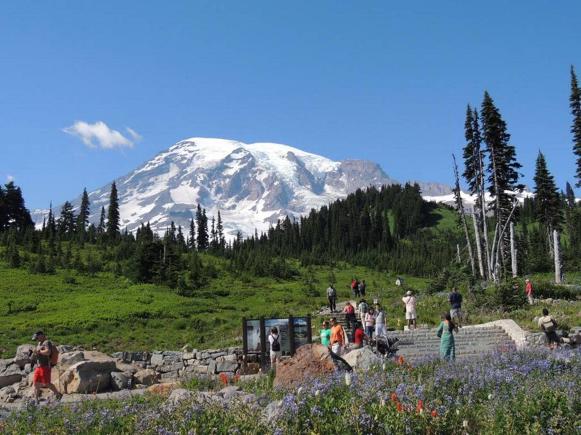 Visitors enjoy the paved trails around Paradise at Mount Rainier National Park in 2017. Park managers today worry that building a new airport in eastern Pierce County could harm the park.