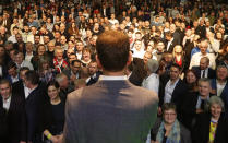 Leader of the Ordinary People and Independent Personalities party Igor Matovic addresses his supporters, acknowledging preliminary results of the general election in Trnava, Slovakia, Sunday, March 1, 2020. (AP Photo/Petr David Josek)