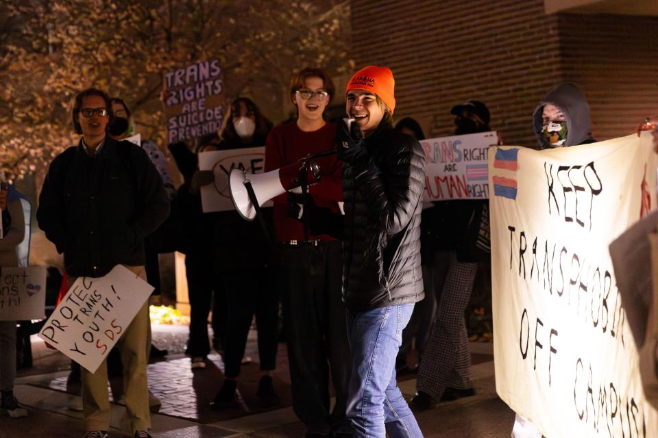 Sebastian Miscenich speaks in protest outside of an event put on by student group Young Americans for Freedom featuring Chloe Cole at the University of Utah in Salt Lake City on Thursday, Nov. 30, 2023. Cole previously identified as transgender and received medical interventions but has since “detransitioned” to the gender she was assigned at birth. The student protestors believe the message promotes transphobia on campus. | Megan Nielsen, Deseret News