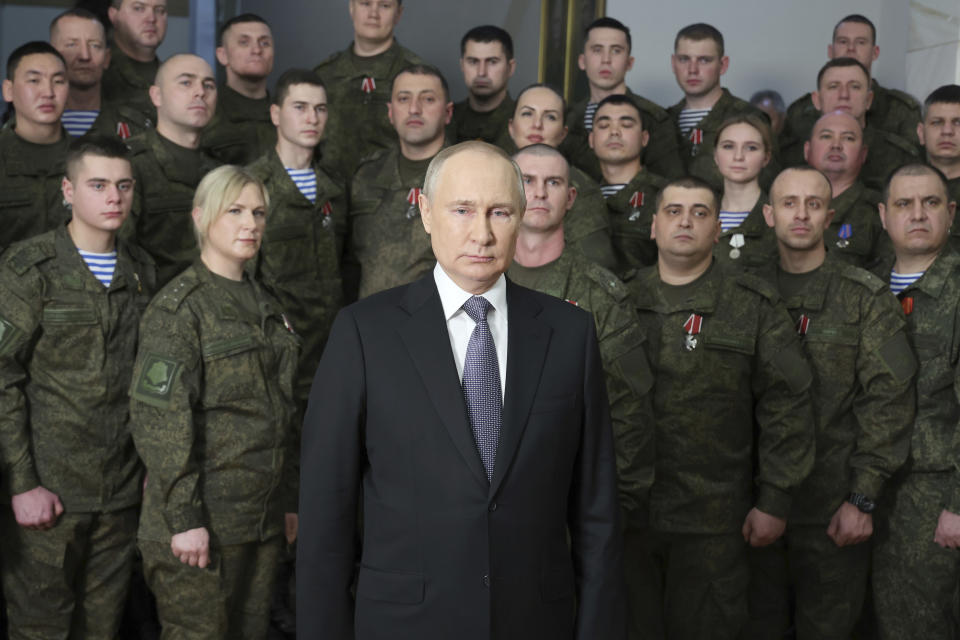 FILE – Russian President Vladimir Putin speaks in his annual televised New Year's message after an awards ceremony during a visit to the headquarters of the Southern Military District, at an unknown location in Russia, on Dec. 31, 2022. The Kremlin insists that any political settlement must include the recognition of Crimea as part of Russia and the acceptance of other Russian territorial gains, conditions that Ukraine has rejected. (Mikhail Klimentyev, Sputnik, Kremlin Pool Photo via AP, File)