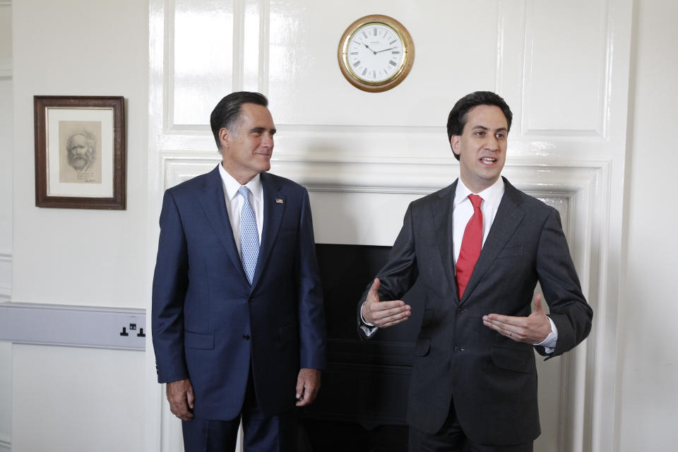 Republican presidential candidate and former Massachusetts Gov. Mitt Romney, left, meets with British opposition leader Ed Miliband in London, Thursday, July 26, 2012. (AP Photo/Charles Dharapak)