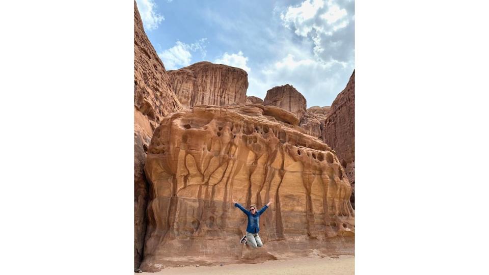 Princess Beatrice jumping on a trampoline park in  AlUla in Saudi Arabia