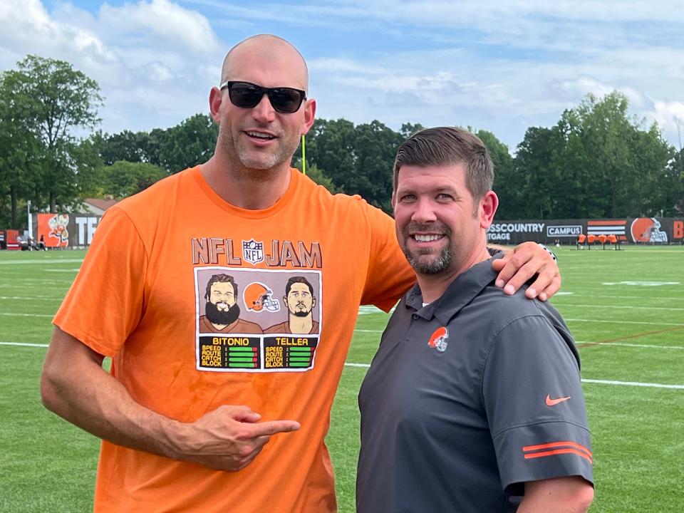 Browns Hall of Fame left tackle and team director of football communications Dan Murphy pose for a photograph at Browns headquarters in Berea.